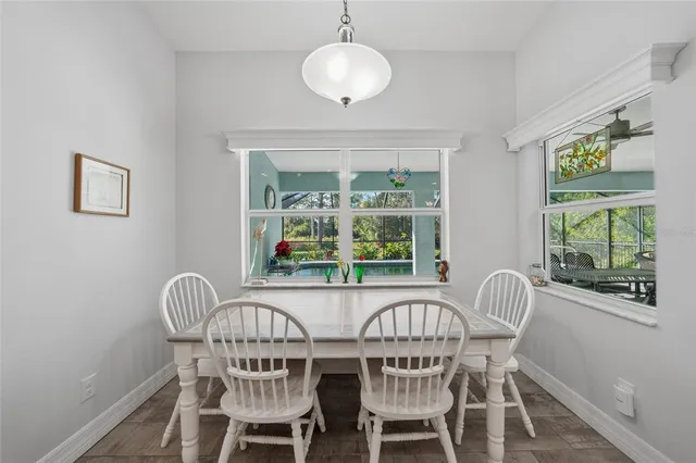 a view of a dining room with furniture window and outside view