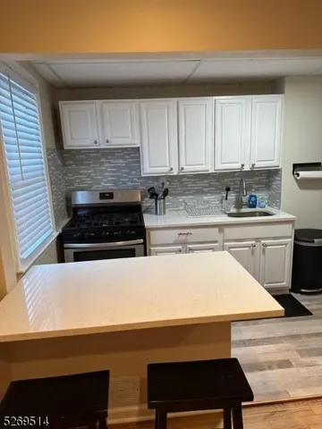 a kitchen with a sink a stove and cabinets