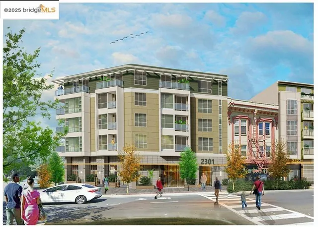 a front view of a building with street view