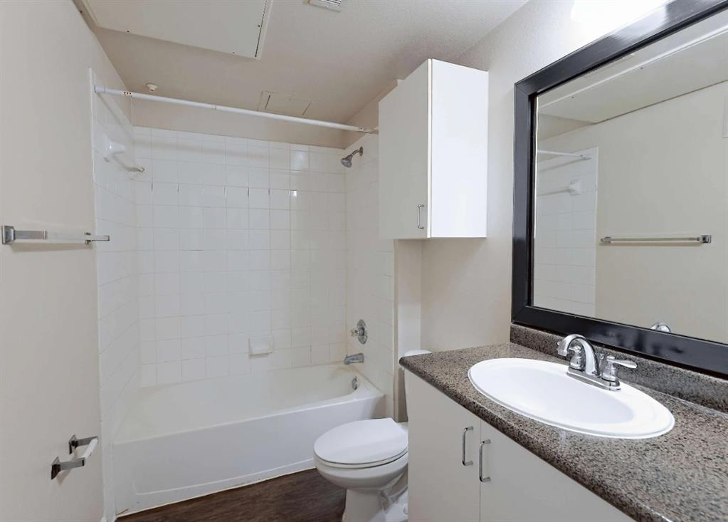 10505 I-35 Frontage Road South, Unit 2432 Austin, TX 78747 - Photo 21 of 22 a bathroom with a granite countertop sink a toilet and a bathtub
