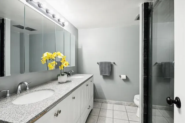 a bathroom with a granite countertop sink a toilet and mirror