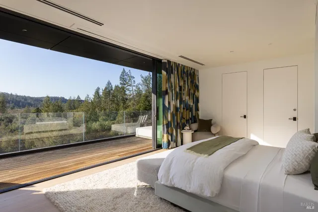 a bedroom with a bed and a balcony view