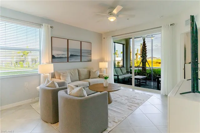 a living room with furniture and a large window