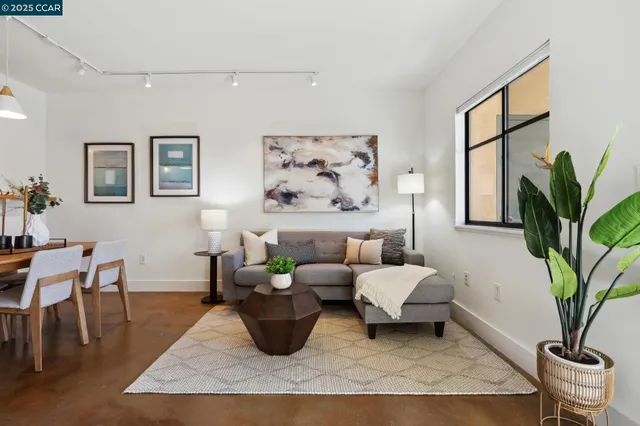 a living room with furniture potted plant and a window