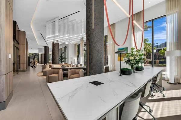 a view of a dining room with furniture