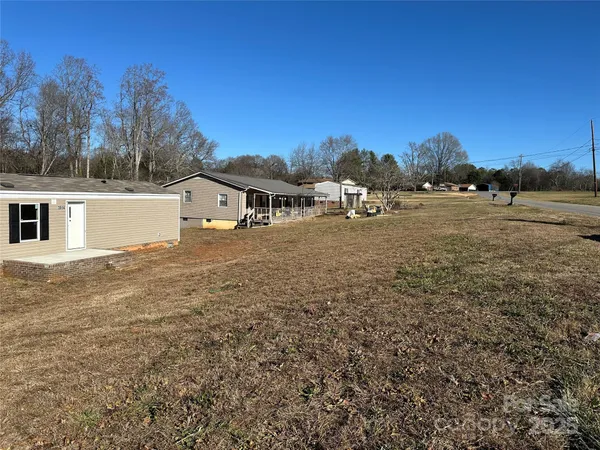 a street view with large trees