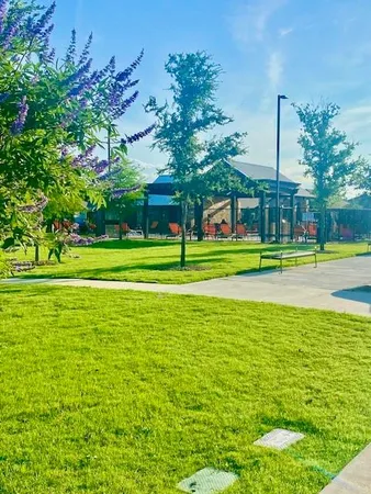 a view of a big yard with a fountain
