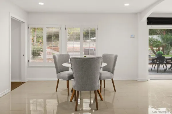 a view of a dining room with furniture window and outside view
