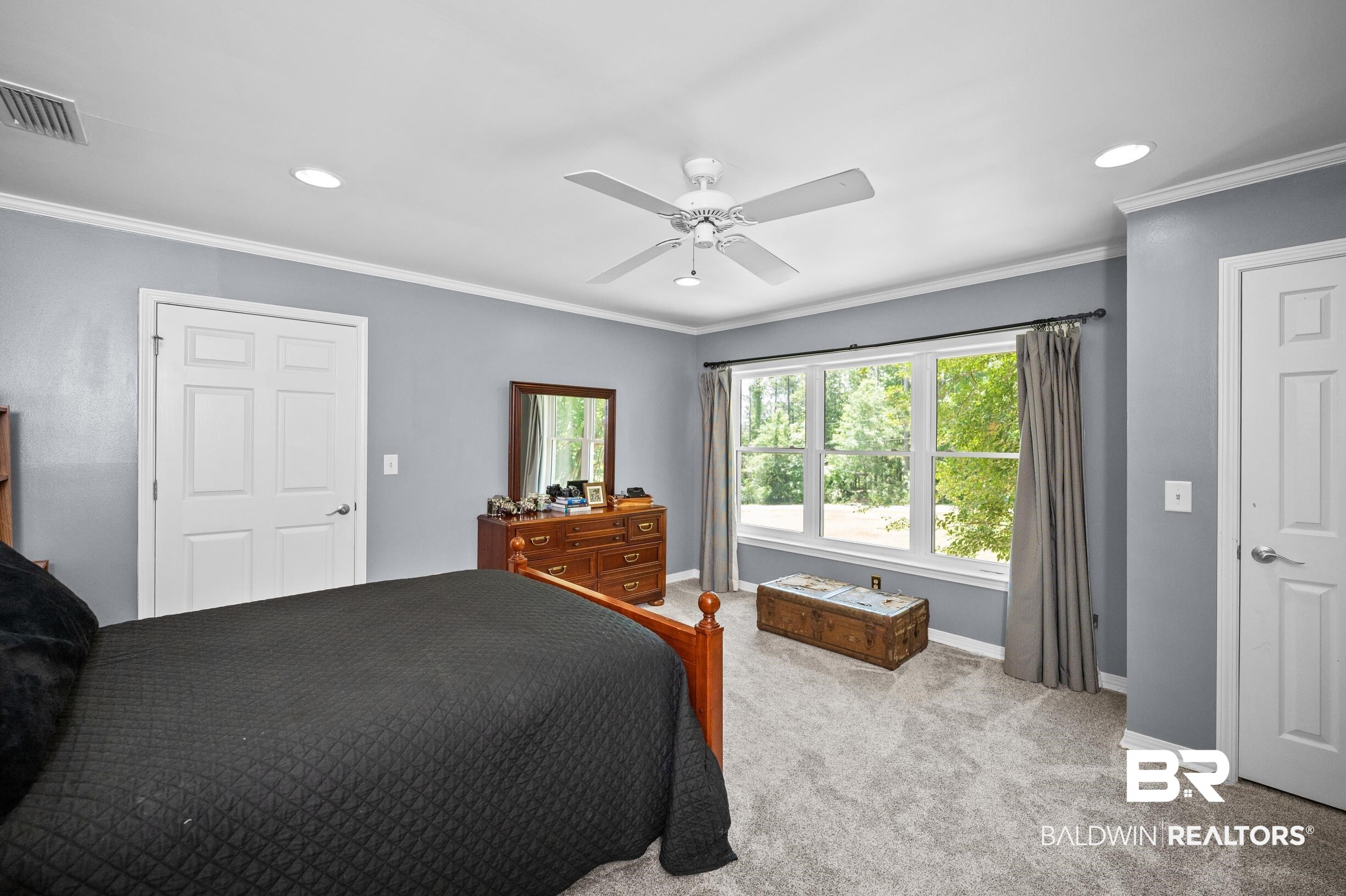 196 Morning Ridge Road Monroeville, AL 36460 - Photo 50 of 71 Bedroom with carpet, ornamental molding, ceiling fan, and recessed lighting
