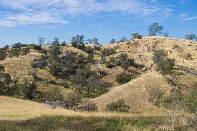 a view of a dry yard with mountains in the background