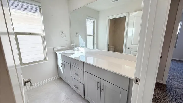 a bathroom with a double vanity sink and a window