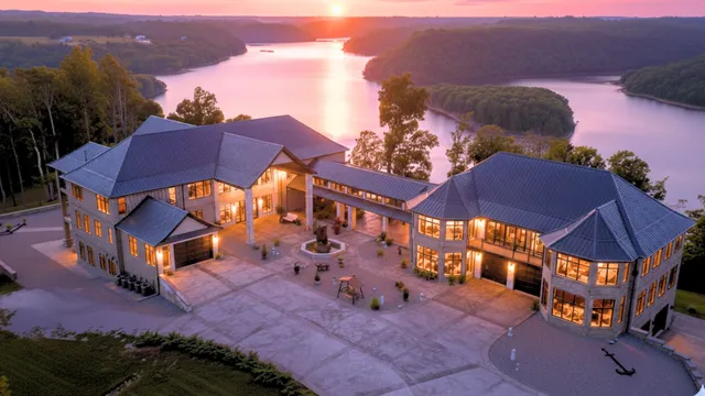 an aerial view of a house with yard swimming pool and outdoor seating