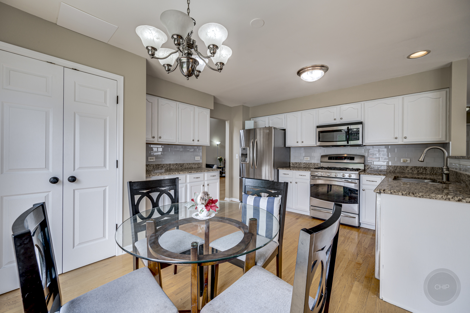2135 Skylane Drive Naperville, IL 60564 - Photo 15 of 44 a kitchen with stainless steel appliances granite countertop a sink dishwasher a stove a refrigerator with a dining table and chairs