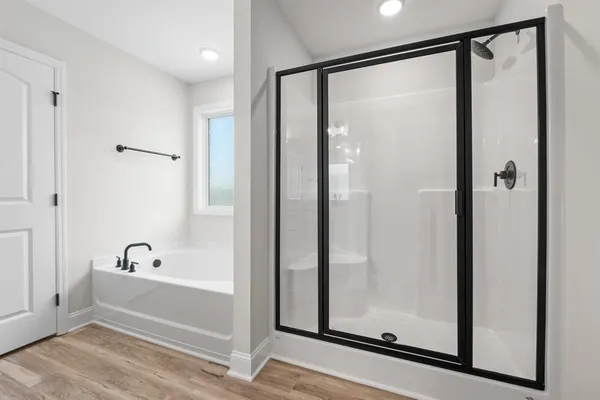 a bathroom with a bathtub and a shower