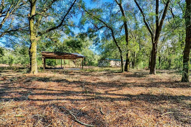 a backyard of a house with large trees and wooden fence