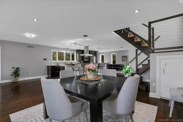 a view of a dining room with furniture