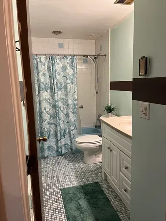 a bathroom with a toilet a sink and shower