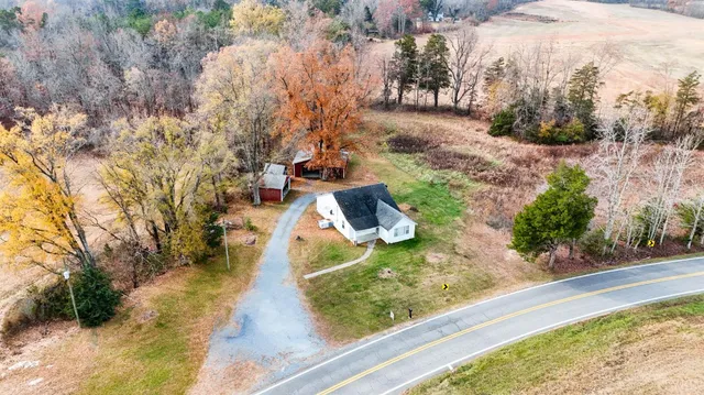 a view of a yard with large trees
