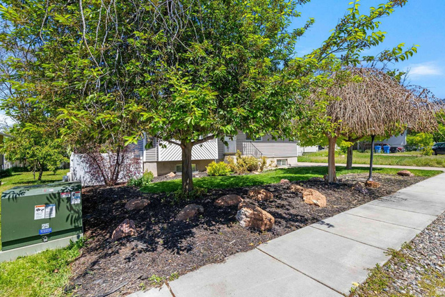 415 East 1150th Street North Logan, UT 84341 - Photo 4 of 38 Manicured front yard featuring mature trees, rock accents, and a sidewalk