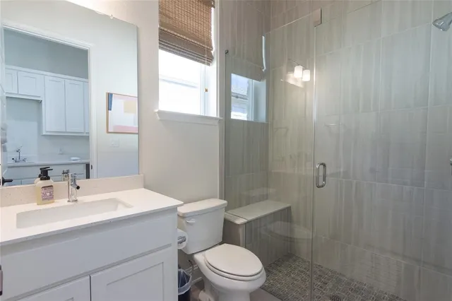 a bathroom with a sink a mirror a toilet and shower