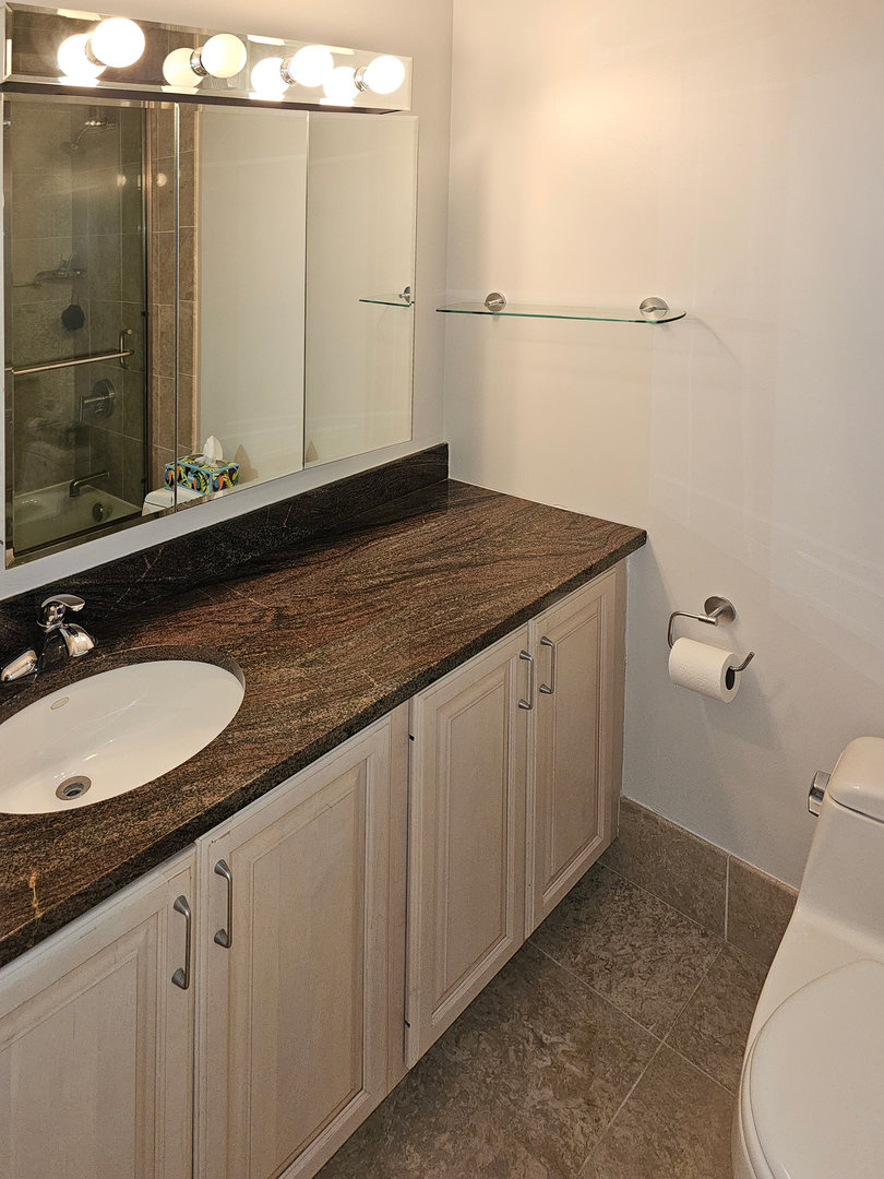 405 North Wabash Avenue, Unit 2613 Chicago, IL 60611 - Photo 14 of 24 a bathroom with a granite countertop sink and a mirror