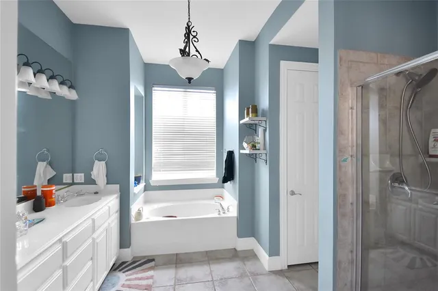 a bathroom with a tub shower vanity and a sink