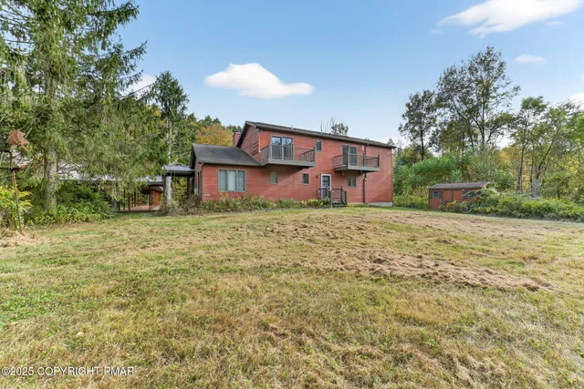 a view of a backyard with potted plants and large tree