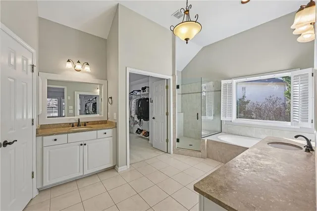 a bathroom with double vanity sink a mirror a vanity and a shower