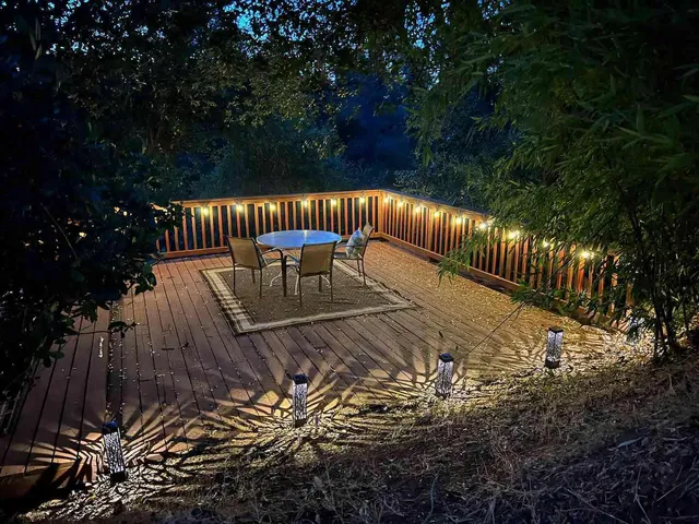 a view of balcony with wooden floor