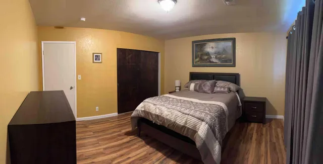 a bedroom with a bed and a black walk in closet