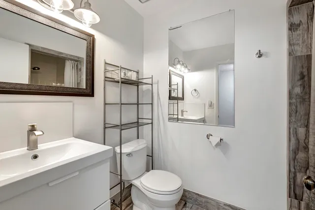 a bathroom with a toilet a sink and mirror