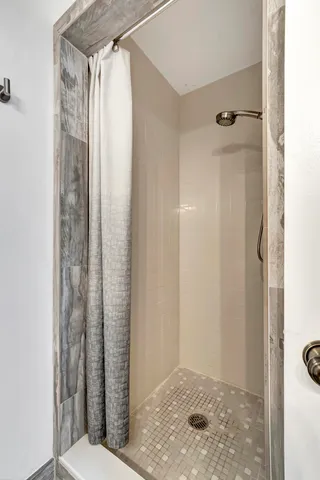 a bathroom with a shower and a toilet