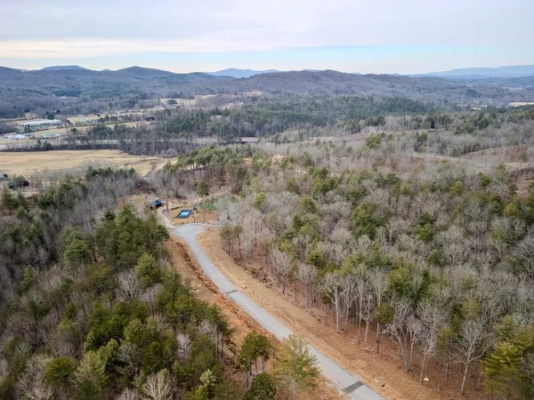 a view of a dry field with trees in background