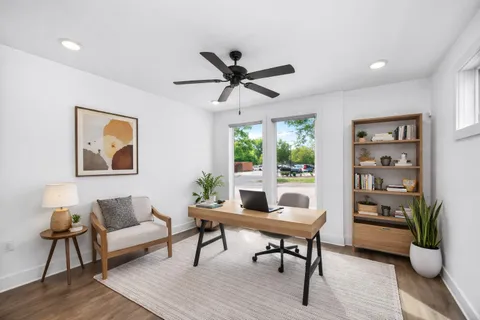 a living room with furniture and a potted plant
