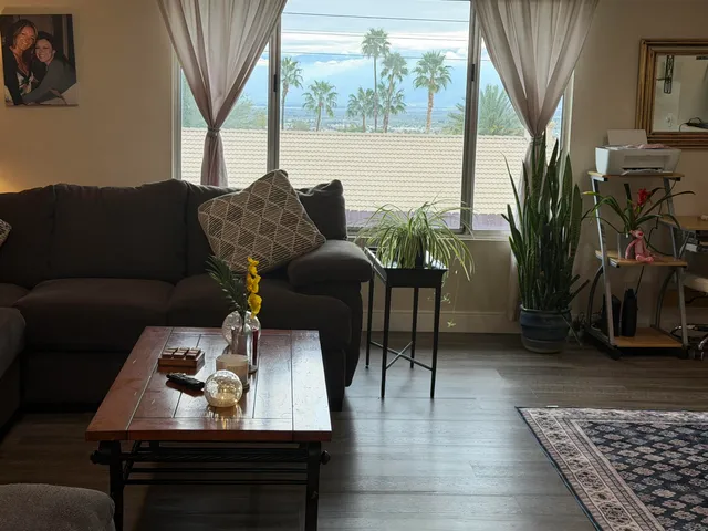 a living room with furniture rug and window