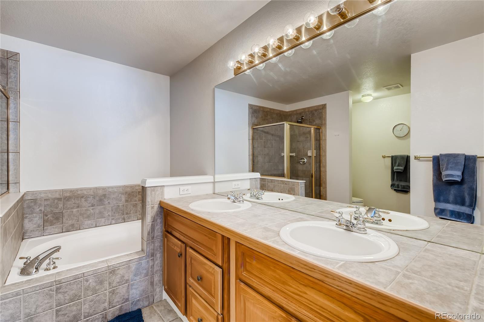 6137 Trailhead Road Highlands Ranch, CO 80130 - Photo 12 of 27 a bathroom with a tub double sink and a mirror
