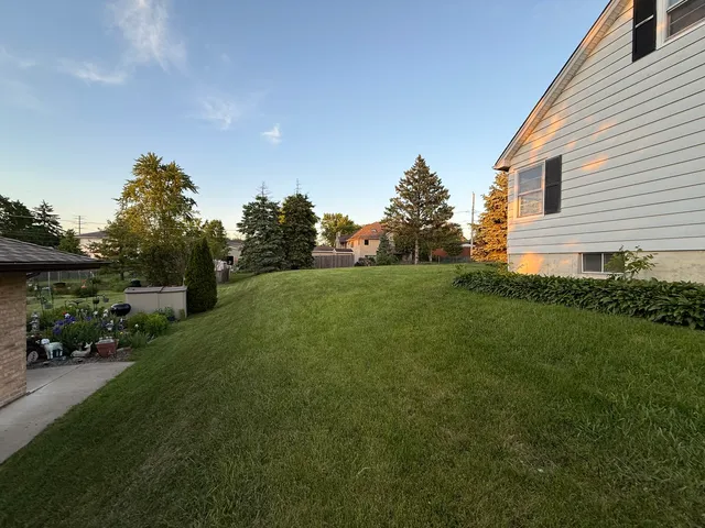 a backyard of a house with plants and large trees