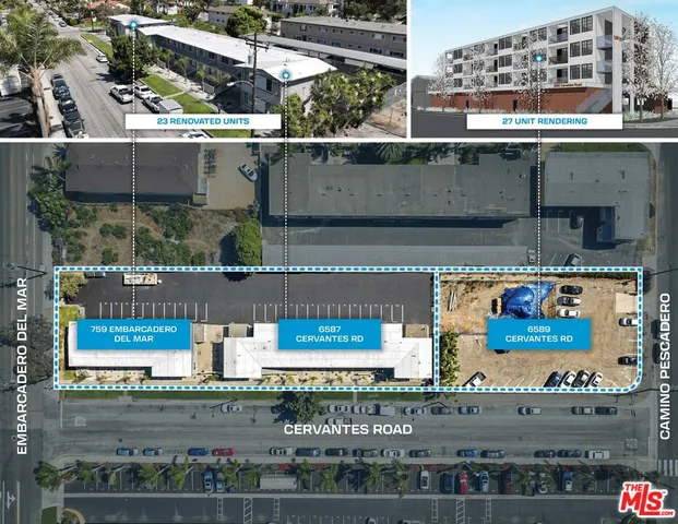 an aerial view of a building and car parked