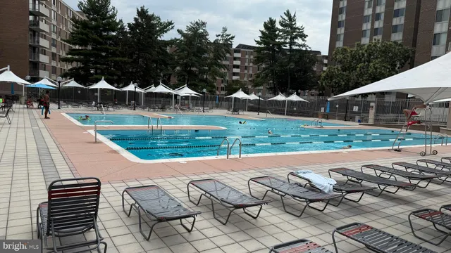 a view of a swimming pool with lawn chairs and plants