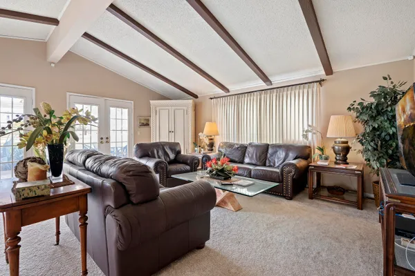 a living room with furniture a chandelier and a potted plant
