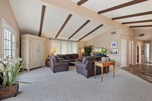 a living room with furniture and a potted plant