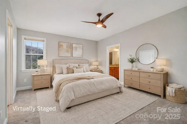 a bed room with a bed closet and a mirror