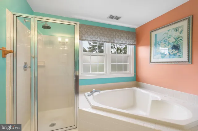 a bathroom with a bathtub and a shower