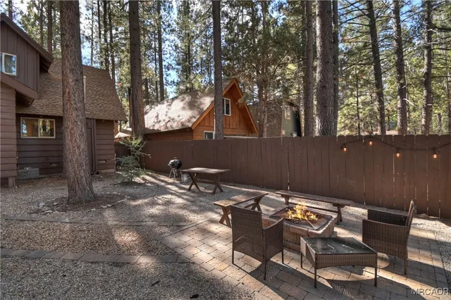 a backyard of a house with yard fire pit and outdoor seating