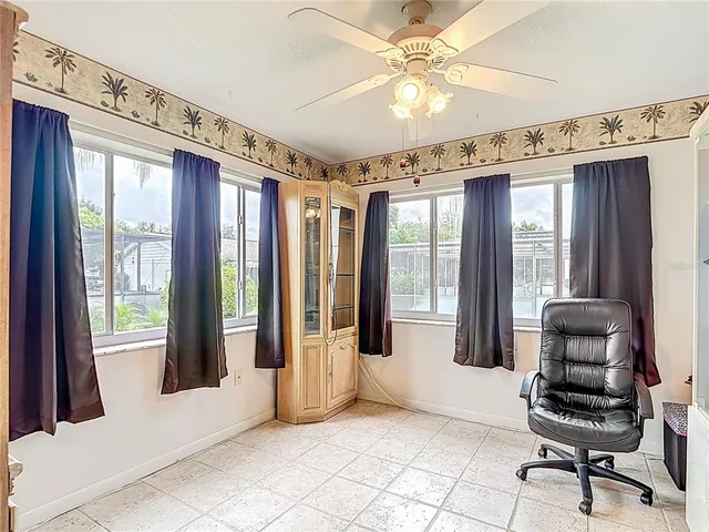 a workspace with chandelier