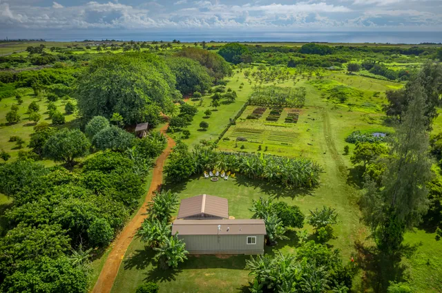 an aerial view of a house with a yard