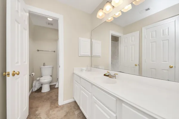 a bathroom with a sink a toilet and a large mirror