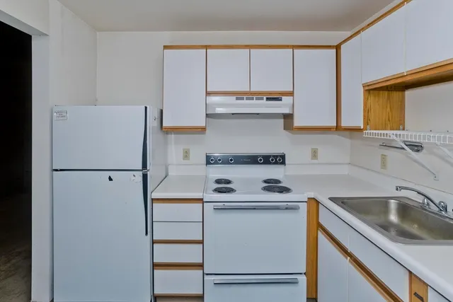 a kitchen with a refrigerator sink and cabinets