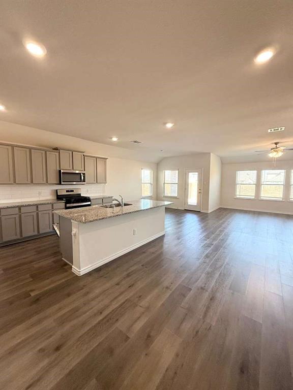 804 Marigold Street Princeton, TX 75407 - Photo 11 of 19 Kitchen featuring an island with sink, stainless steel appliances, light stone counters, dark wood finished floors, and recessed lighting