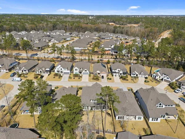 an aerial view of residential houses with outdoor space and trees